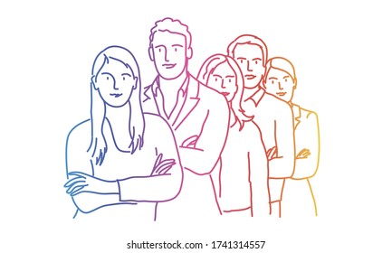 Group of business people with arms crossed standing behind each other. Rainbow colors in linear vector illustration.