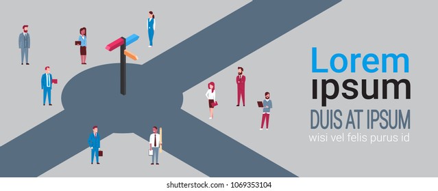 Group Of Business People Around Direction Sign Over Background With Copy Space Isometric