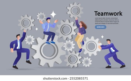 Group of business people arrange cogs  and represent team support. Concept of teamwork, business cooperation, collective project work. Modern flat colorful vector illustration.