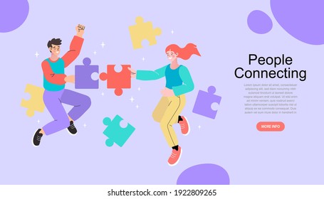 Group of business people assembling jigsaw puzzle and represent team support. Concept of teamwork, business cooperation, collective project work. Modern flat colorful vector illustration.