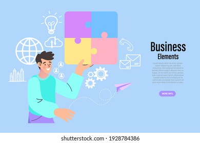 Grupo de empresarios que ensamblan rompecabezas y representan apoyo en equipo. Concepto de trabajo en equipo, cooperación empresarial, trabajo colectivo de proyectos. Ilustración vectorial moderna de color plano.