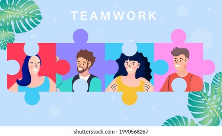 Group of business people assembling jigsaw puzzle and represent team support. Concept of teamwork, business cooperation, collective project work. Modern flat colorful vector illustration.
