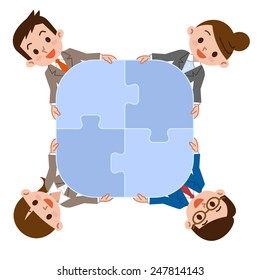 Group of business people assembling jigsaw puzzle. Isolated on white