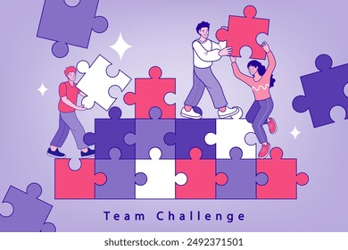 Group of business people assembling jigsaw puzzle and represent team support. Concept of teamwork, business cooperation, collective project work. solving problems. vector illustration.