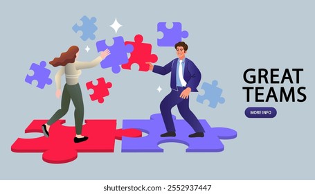 Group of business people assembling jigsaw puzzle and represent team support. Concept of teamwork, business cooperation, collective project work. solving problems. vector illustration.