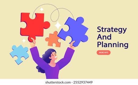 Group of business people assembling jigsaw puzzle and represent team support. Concept of teamwork, business cooperation, collective project work. solving problems. vector illustration.