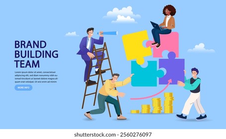 Group of business people assembling jigsaw puzzle and represent team support. Concept of teamwork, business cooperation, collective project work. Modern flat colorful vector illustration.