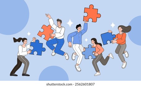 Group of business people assembling jigsaw puzzle and represent team support. Concept of teamwork, business cooperation, collective project work. Modern flat colorful vector illustration.