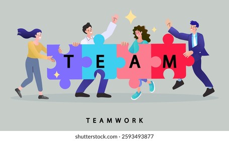 Group of business people assembling jigsaw puzzle and represent team support. Concept of teamwork, business cooperation, collective project work. Modern flat colorful vector illustration.