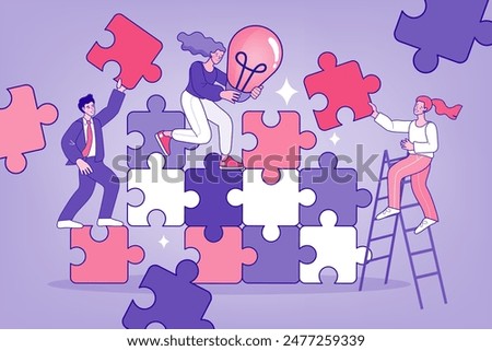 Group of business people assembling jigsaw puzzle and represent team support. Concept of teamwork, business cooperation, collective project work. solving problems. vector outline illustration.