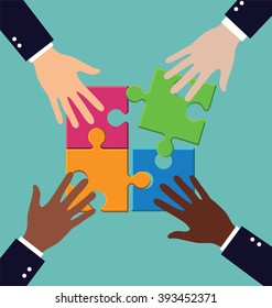 Group of business people assembling puzzle with teamwork, solution and success concept