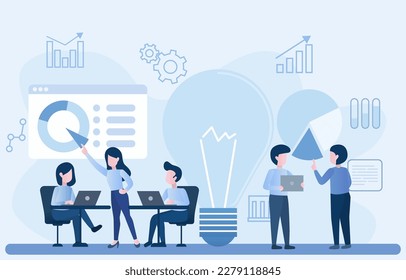 A group of business people are brainstorming ideas for a development plan, improving existing products, expanding new market. Business from ideas. Flat vector illustration.