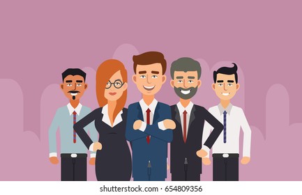 Group of business people with businessman leader in front. Happy Business People Flat Illustration Vector.
