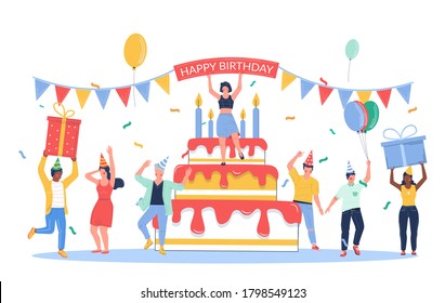 Group of business people celebrating happy birthday, vector flat illustration. Birthday party with friends, colleagues and big cake with candles, gifts.