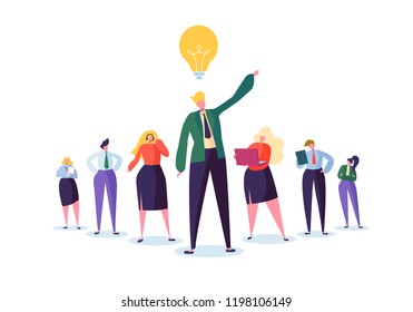 Group of Business People Characters with Leader. Teamwork and Leadership Concept. Successful Businessman with Idea Light Bulb Stand Out in Front of Flat People. Vector illustration
