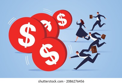 A group of business people chasing the rolling gold coins