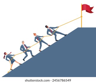 Group of Business People Climbing on Mountain Peak. Symbol of Team Work, Victory, Successful Mission, Goal and Achievement. Trials and Testing. Win, Business Success. Flat Vector Illustration