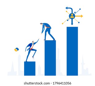 Group of business people climbing at the top of growth bars. Working together, solving the problems concept