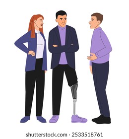 Gruppe von Geschäftsleuten kommunizieren Vektor isoliert. Illustration eines Mannes mit Beinprothese, der mit Kollegen steht. Konzept der Gleichheit und Inklusivität. Teamarbeit, Zusammenarbeit zwischen Arbeitnehmern.
