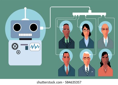Group of business people connected to a robot, wires coming out from their brain, exchanging information with the machine, EPS 8 vector illustration
