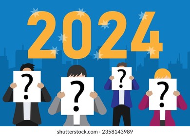 Group of business people covering their face with question mark in the paper while standing with 2024 number 2d vector illustration concept for banner, website, landing page, flyer, etc