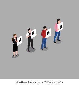 Group of business people covering their face with JOBS writing on papers 3d vector illustration concept for banner, website, illustration, landing page, flyer, etc