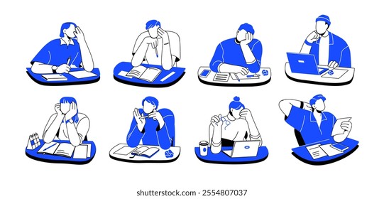 A group of business people at a desk. A collection of employees, employees or students sitting at a computer, reading, studying. Bored characters at work, at school. The concept of emotional burnout, 
