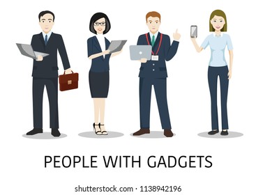 Group of business people of different races in suits using gadgets. Office workers with smartphones, tablet and laptop.
