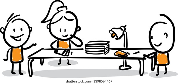 Group of business people discussing work strategy at office desk. Doodle style vector illustration object isolated hand draw. 