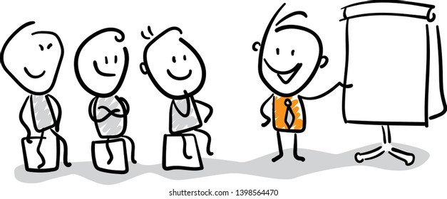 Group of business people discussing work strategy at office desk. Doodle style vector illustration object isolated hand draw. 