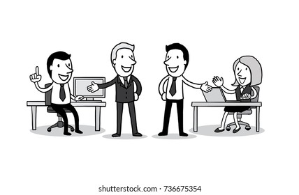 group of business people discussing work strategy at office desk. isolated vector illustration outline hand drawn doodle line art cartoon design character.