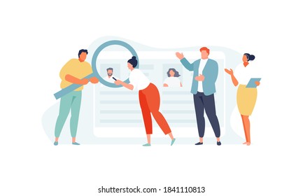 Group of business people evaluate candidates for a vacancy. Recruitment staff department personnel vector illustration