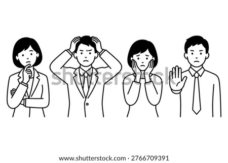 Group of business people expressing negative emotions including stress worry confusion and refusal in line art