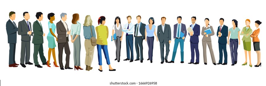 a group of business people face each other