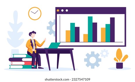 Grupo de Empresarios en diseño de ilustración de vector plano relacionado con el concepto de reunión, discusión, análisis, informe y estrategia de marketing sobre fondo blanco.