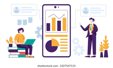 Grupo de Empresarios en diseño de ilustración de vector plano relacionado con el concepto de reunión, discusión, análisis, informe y estrategia de marketing sobre fondo blanco.