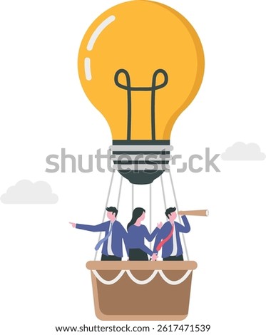 Group of business people flying in the sky on hot air balloons and planning ahead. looking through spyglass over mountain peaks

