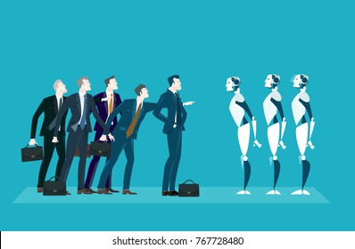 Group of business people in front of robot. New era of professional competition. Future reality, artificial intellect concept illustration   