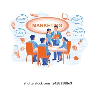 A group of business people gather in a meeting room. Discuss marketing business products. Marketing concept. flat vector modern illustration 