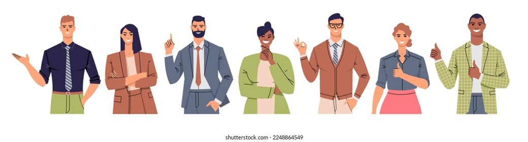 Group of business people gesturing in different poses. Men and women demonstrate, point, thumb up, think, folded hands, approve, teach. Business team. Flat style. Vector isolated.