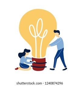 Group of business people have idea. Working in team and find solution. Brainstorming and examining concept. Light bulb as a metaphor. Vector flat illustration