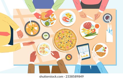 Group of business people having dinner in restaurant Table full of plates with food Human hands holding cutlery top view