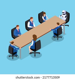 Group of business people having a meeting with a robot isometric 3d vector illustration concept for banner, website, illustration, landing page, flyer, etc.