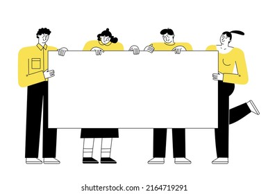 Group of business people holding big banner. Teamwork concept. Vector illustration