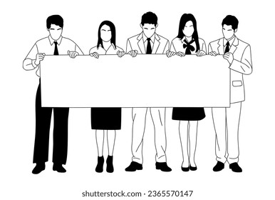 Group of business people holding blank banner, business team with empty billboard in hands. Happy men, women with empty placard showing, presenting, demonstrating advertisement. Vector black drawing.