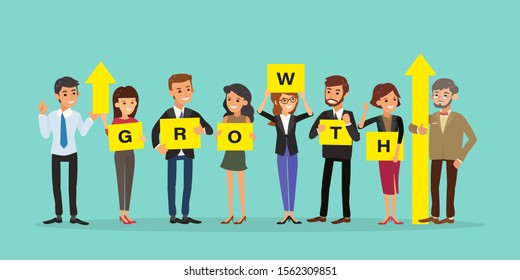 group of business people holding board with GROWTH word and up arrow graph. Successful business growth concept illustration. businessman vector cartoon character. 