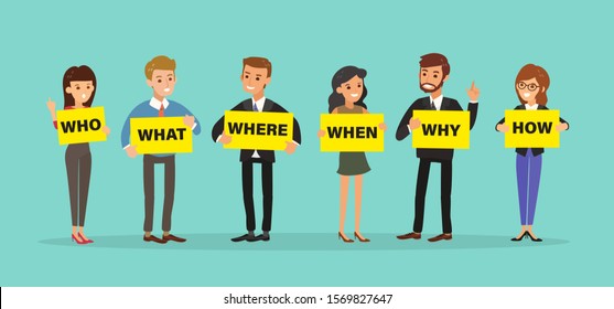 Group of business people holding board with WHO WHAT WHERE WHEN WHY HOW Questions. 5W1H concept vector cartoon character illustration. 