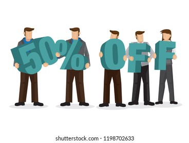 Group of business people holding giant alphabet to form 50 percentage off. Concept of promotion, teamwork or discount. Cartoon isolated vector illustration.