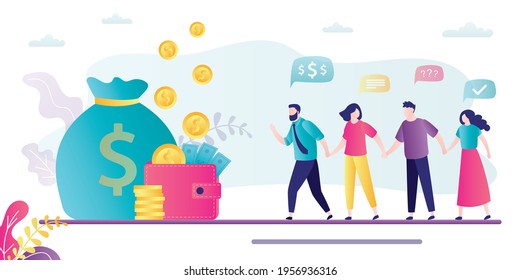 Group of business people are holding hands and moving towards success. Leader boss leads company to financial profit, wealth. Successful startup, teamwork. Making money. Flat vector illustration