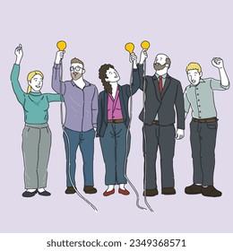 Group of business people holding lightbulbs. Hand drawn vector illustration